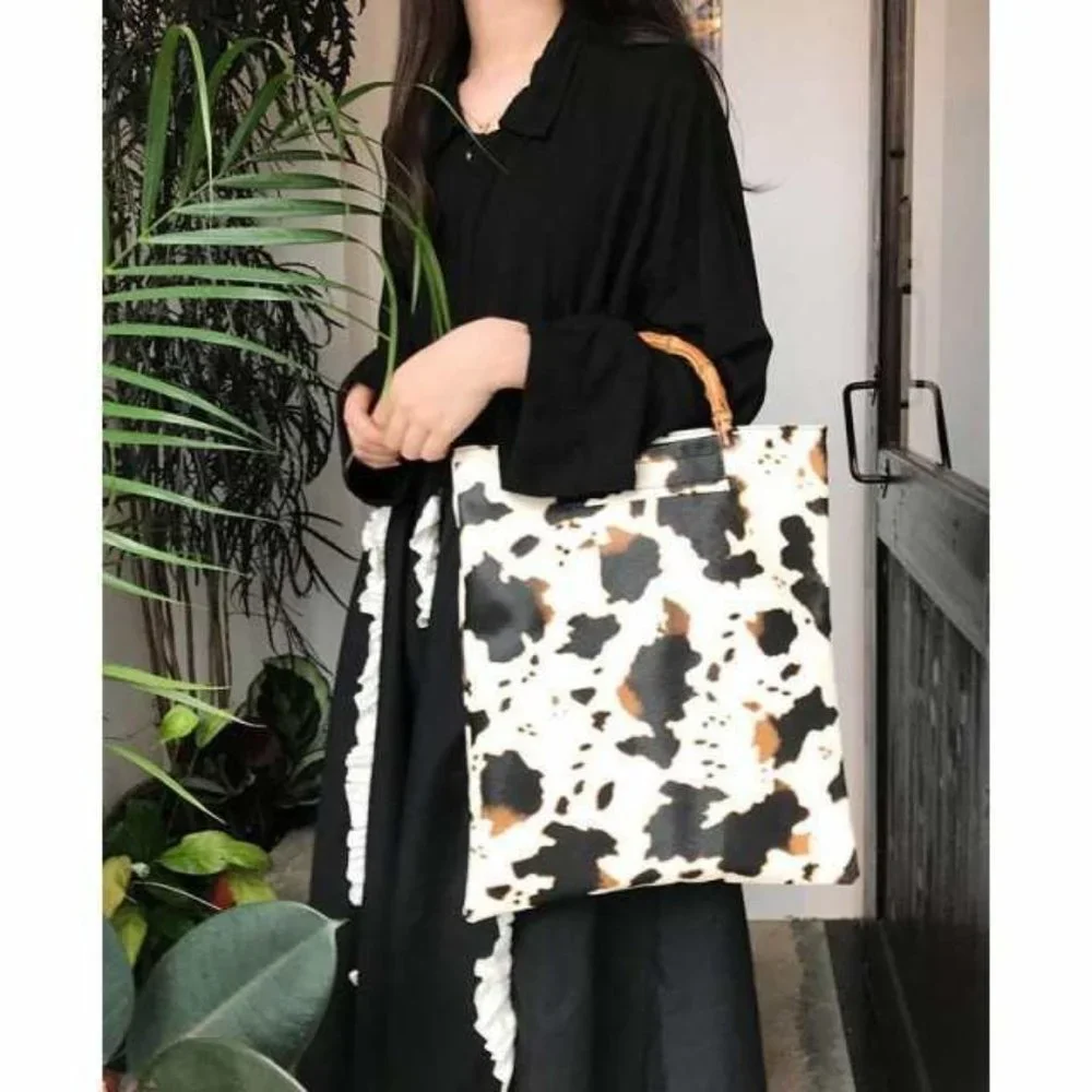 Cow Print Handbag Bamboo Handle Purse Womens Western Collapsible Top Handle Bag